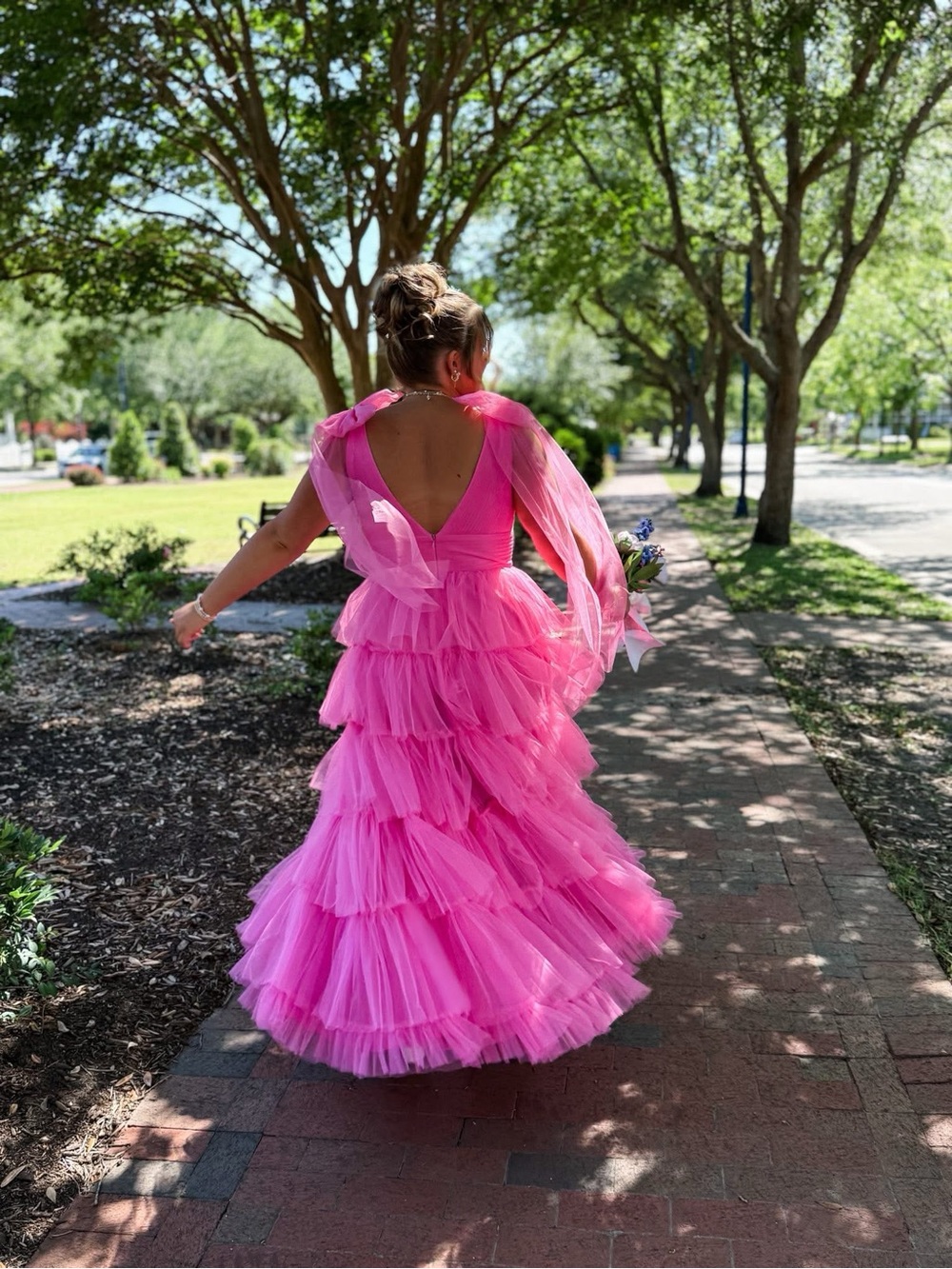 Pink Tiered Tulle Evening Dress - Picture 2 of 4